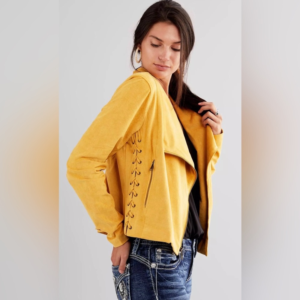 NWOT Willow & Root Mustard Yellow Faux Suede Moto Jacket Coat